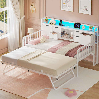 ADORNEVE Twin Daybed with Trundle and Storage Headboard for Living Room Bedroom Metal Sofa Bed with Charging Station