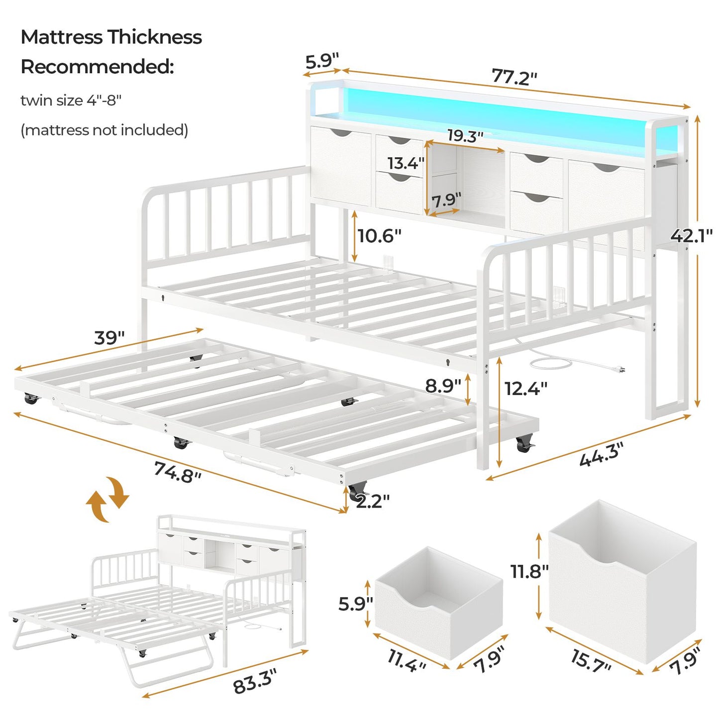 ADORNEVE Twin Daybed with Trundle and Storage Headboard for Living Room Bedroom Metal Sofa Bed with Charging Station