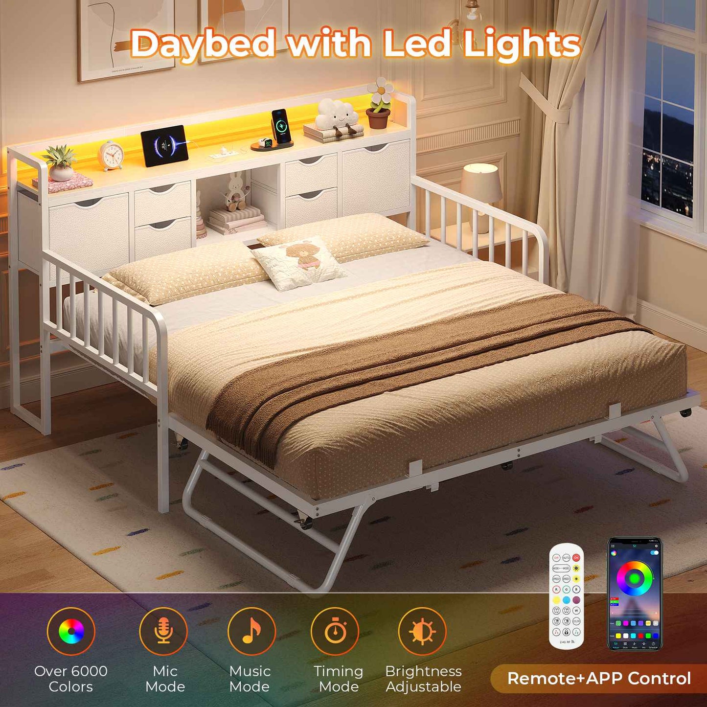 ADORNEVE Twin Daybed with Trundle and Storage Headboard for Living Room Bedroom Metal Sofa Bed with Charging Station