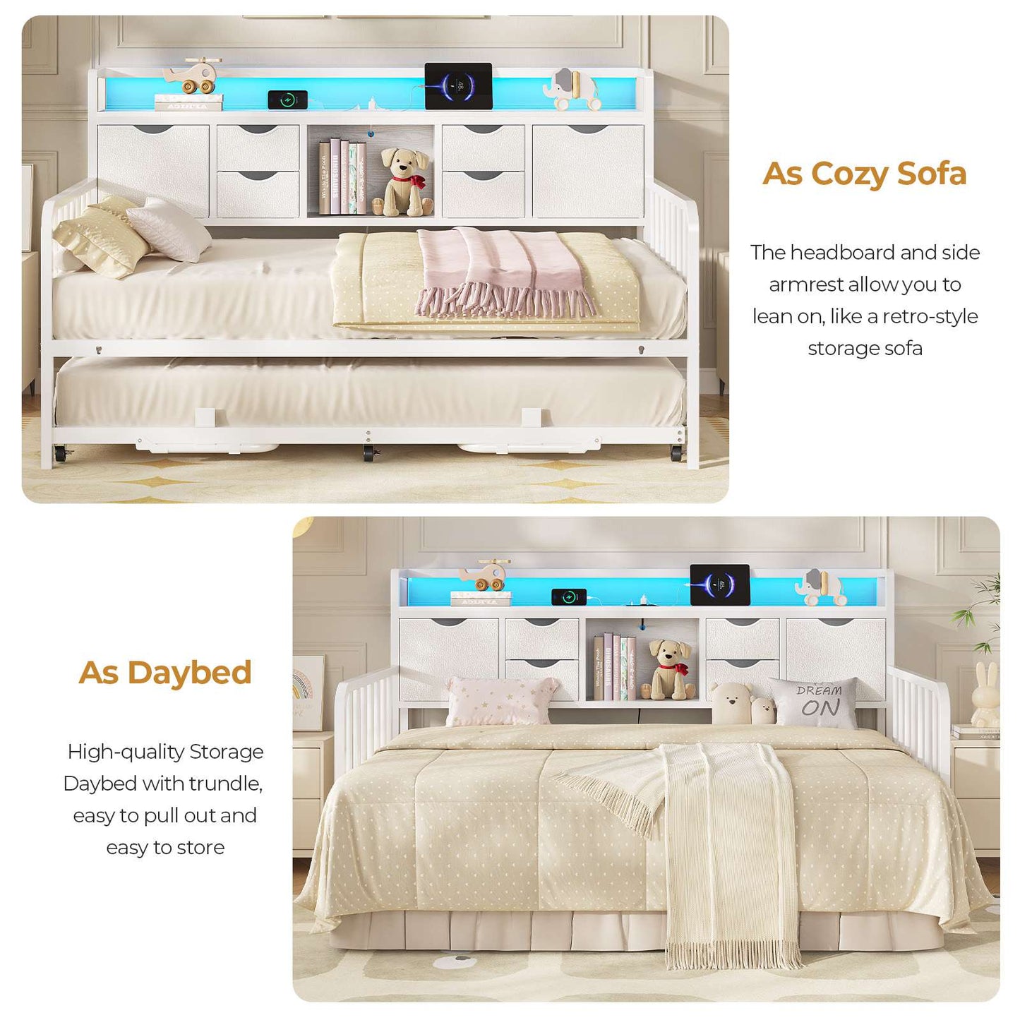 ADORNEVE Twin Daybed with Trundle and Storage Headboard for Living Room Bedroom Metal Sofa Bed with Charging Station