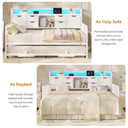 ADORNEVE Twin Daybed with Trundle and Storage Headboard for Living Room Bedroom Metal Sofa Bed with Charging Station