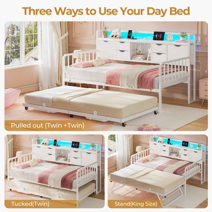 ADORNEVE Twin Daybed with Trundle and Storage Headboard for Living Room Bedroom Metal Sofa Bed with Charging Station