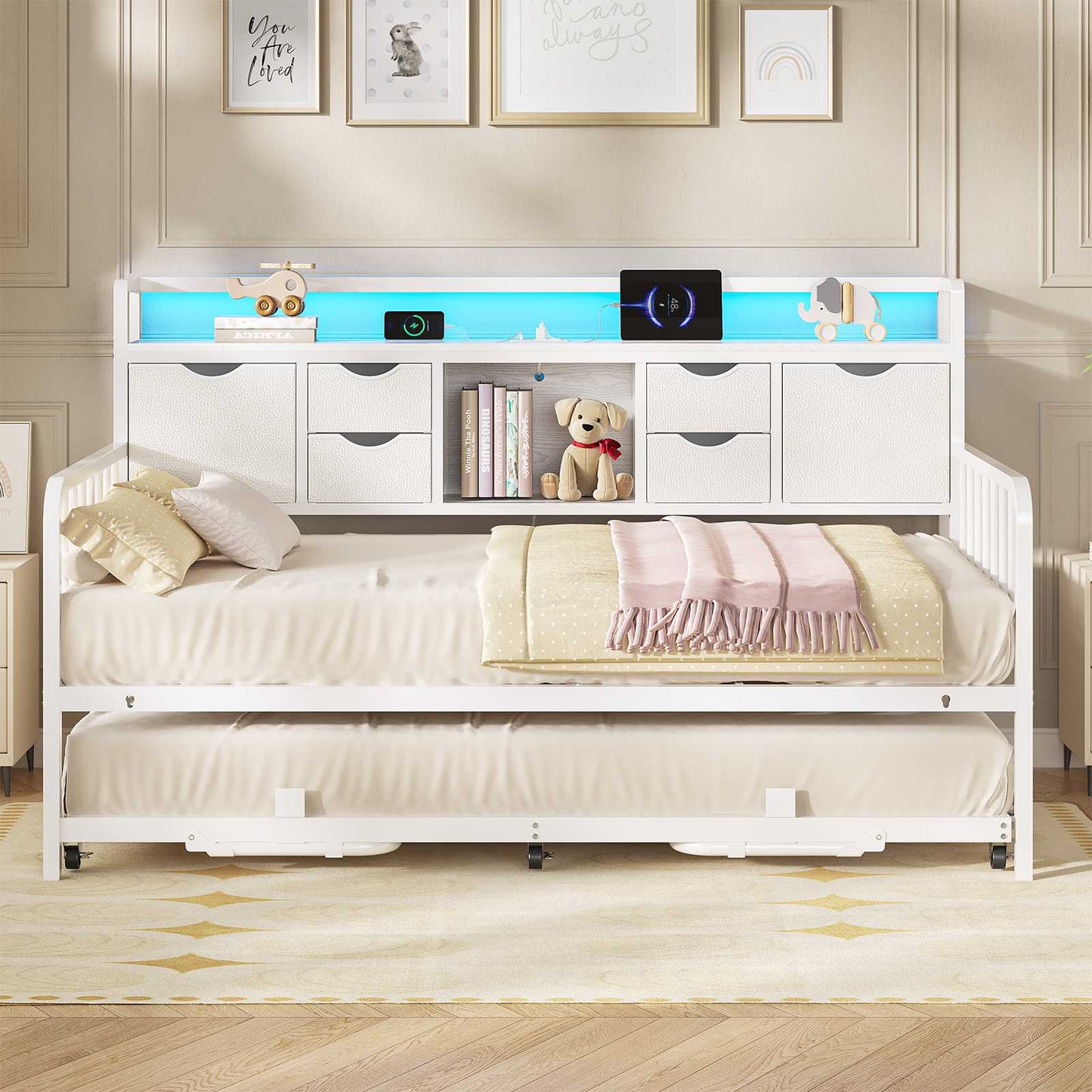 ADORNEVE Twin Daybed with Trundle and Storage Headboard for Living Room Bedroom Metal Sofa Bed with Charging Station