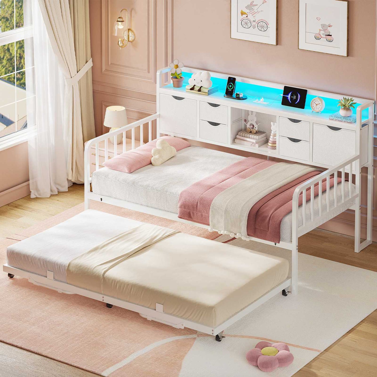 ADORNEVE Twin Daybed with Trundle and Storage Headboard for Living Room Bedroom Metal Sofa Bed with Charging Station