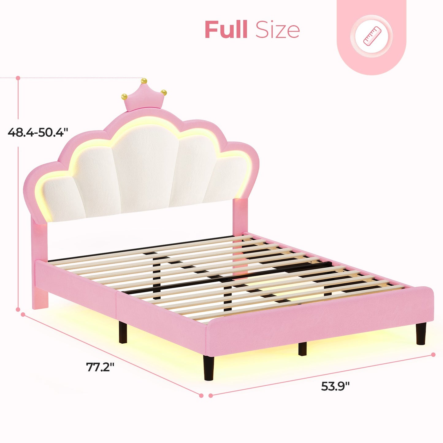ADORNEVE Full Bed Frame with LED Lights and Adjustable Double Shell Headboard Upholstered Princess Bed with Solid Wood Slats