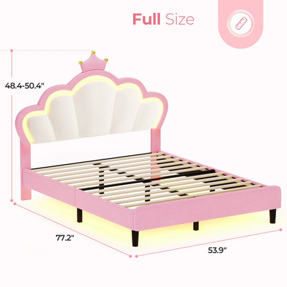 ADORNEVE Full Bed Frame with LED Lights and Adjustable Double Shell Headboard Upholstered Princess Bed with Solid Wood Slats
