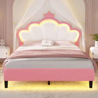 ADORNEVE Full Bed Frame with LED Lights and Adjustable Double Shell Headboard Upholstered Princess Bed with Solid Wood Slats