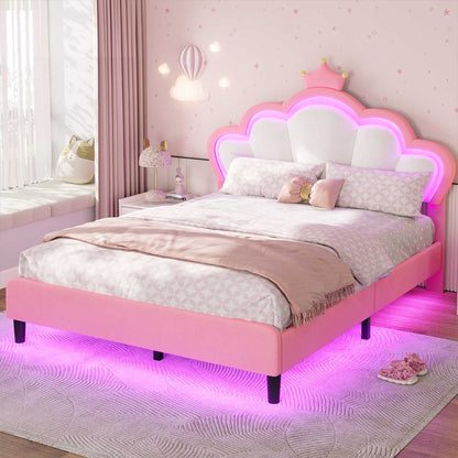 ADORNEVE Full Bed Frame with LED Lights and Adjustable Double Shell Headboard Upholstered Princess Bed with Solid Wood Slats