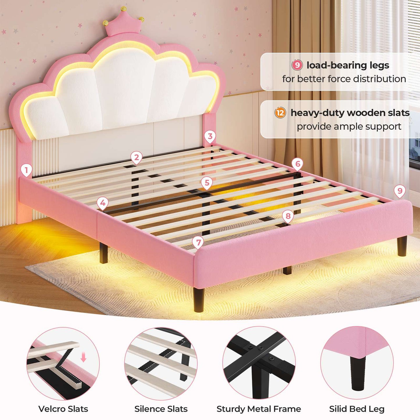 ADORNEVE Full Bed Frame with LED Lights and Adjustable Double Shell Headboard Upholstered Princess Bed with Solid Wood Slats