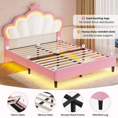ADORNEVE Full Bed Frame with LED Lights and Adjustable Double Shell Headboard Upholstered Princess Bed with Solid Wood Slats