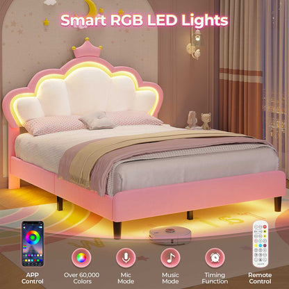 ADORNEVE Full Bed Frame with LED Lights and Adjustable Double Shell Headboard Upholstered Princess Bed with Solid Wood Slats