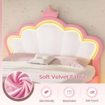 ADORNEVE Full Bed Frame with LED Lights and Adjustable Double Shell Headboard Upholstered Princess Bed with Solid Wood Slats