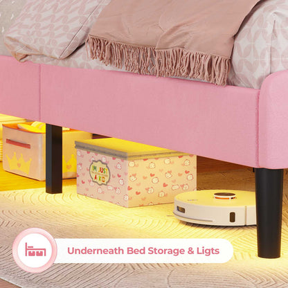 ADORNEVE Full Bed Frame with LED Lights and Adjustable Double Shell Headboard Upholstered Princess Bed with Solid Wood Slats