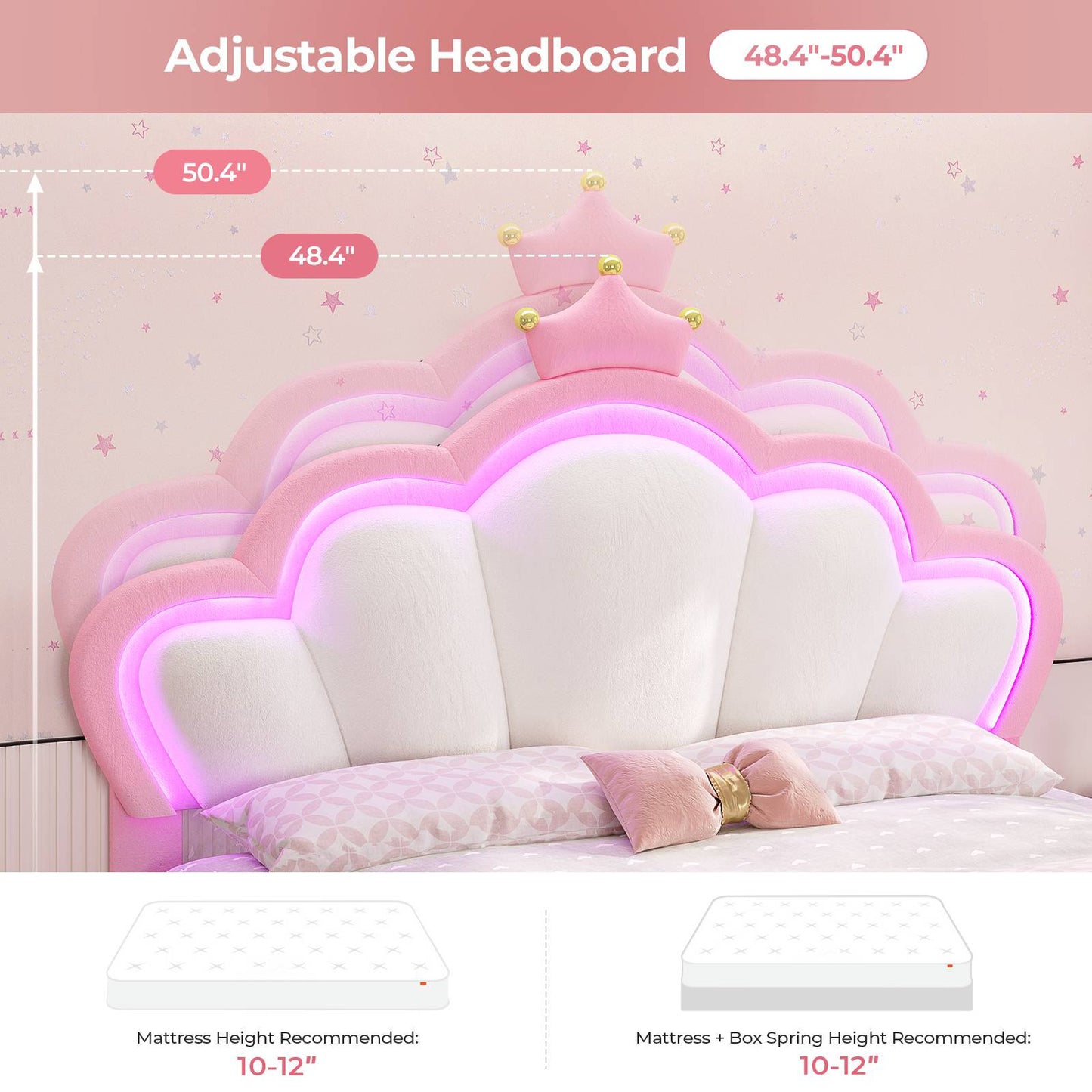ADORNEVE Full Bed Frame with LED Lights and Adjustable Double Shell Headboard Upholstered Princess Bed with Solid Wood Slats