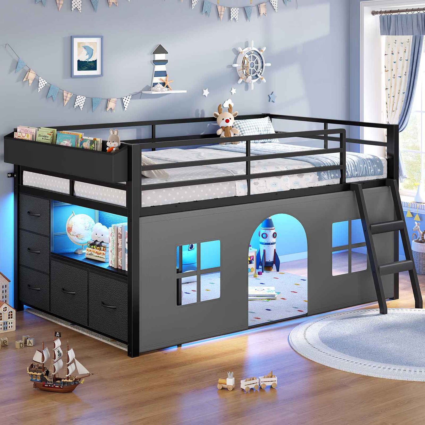 ADORNEVE Loft Bed Twin Size with Bookcase and Tent Metal Kids Loft Bed with 5 Storage Drawers LED Lights and Safety Guardrail