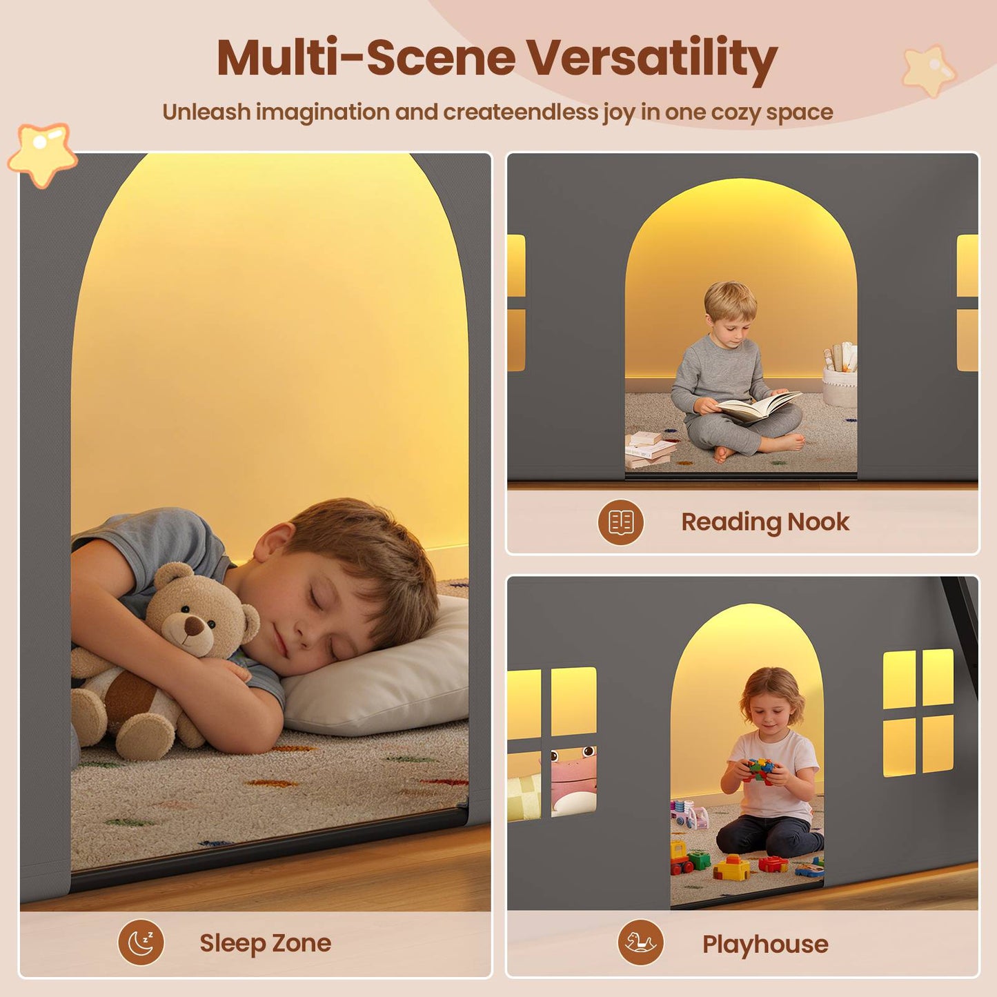 ADORNEVE Loft Bed Twin Size with Bookcase and Tent Metal Kids Loft Bed with 5 Storage Drawers LED Lights and Safety Guardrail