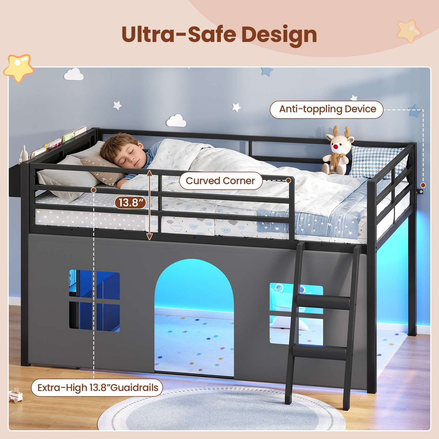 ADORNEVE Loft Bed Twin Size with Bookcase and Tent Metal Kids Loft Bed with 5 Storage Drawers LED Lights and Safety Guardrail