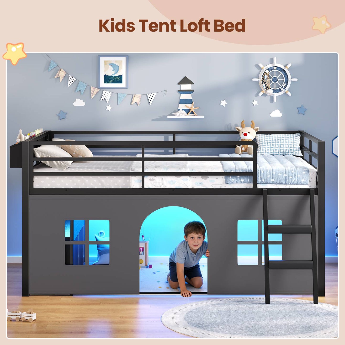 ADORNEVE Loft Bed Twin Size with Bookcase and Tent Metal Kids Loft Bed with 5 Storage Drawers LED Lights and Safety Guardrail