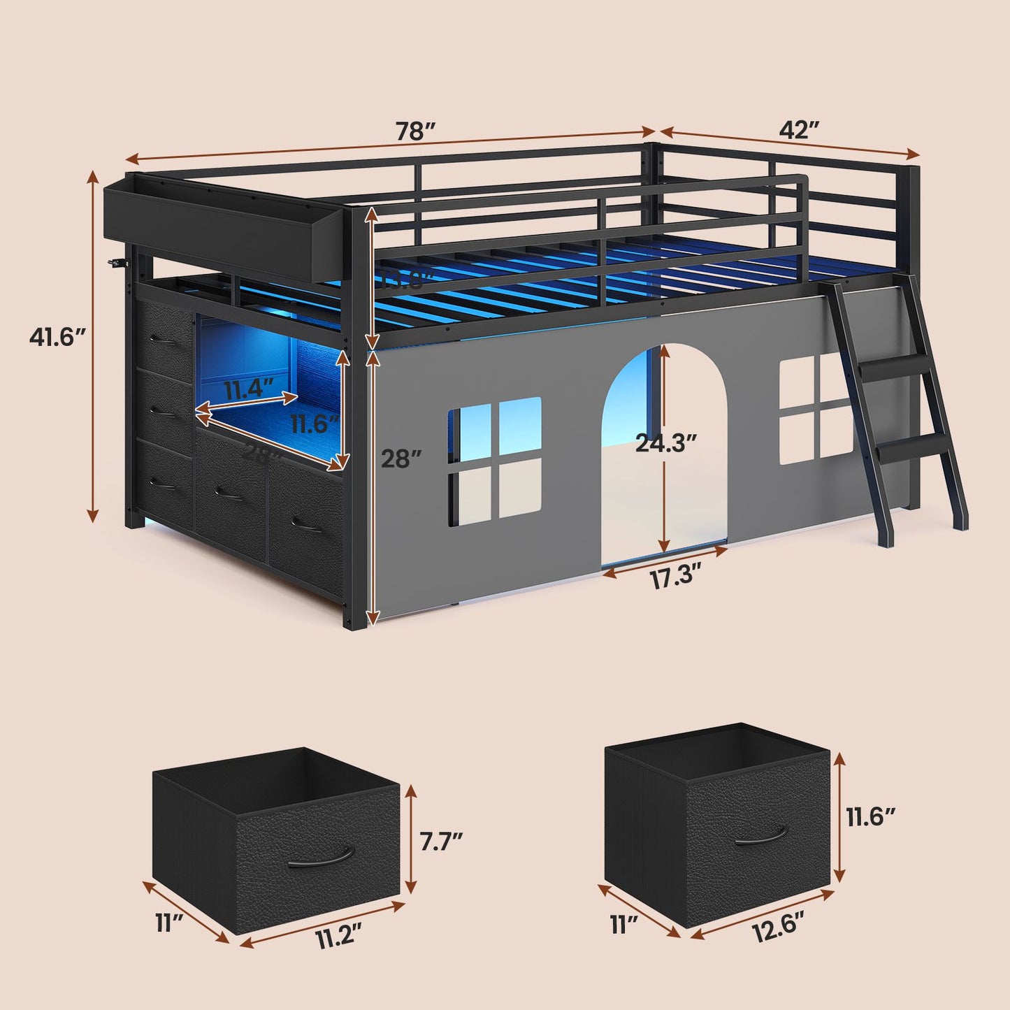 ADORNEVE Loft Bed Twin Size with Bookcase and Tent Metal Kids Loft Bed with 5 Storage Drawers LED Lights and Safety Guardrail