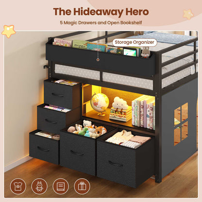 ADORNEVE Loft Bed Twin Size with Bookcase and Tent Metal Kids Loft Bed with 5 Storage Drawers LED Lights and Safety Guardrail