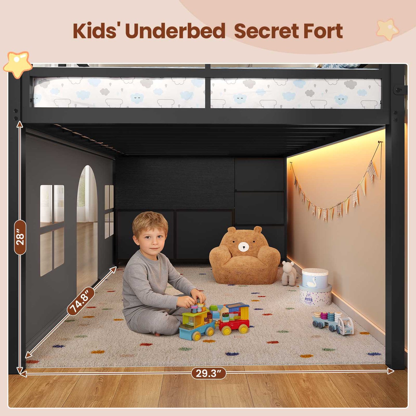 ADORNEVE Loft Bed Twin Size with Bookcase and Tent Metal Kids Loft Bed with 5 Storage Drawers LED Lights and Safety Guardrail