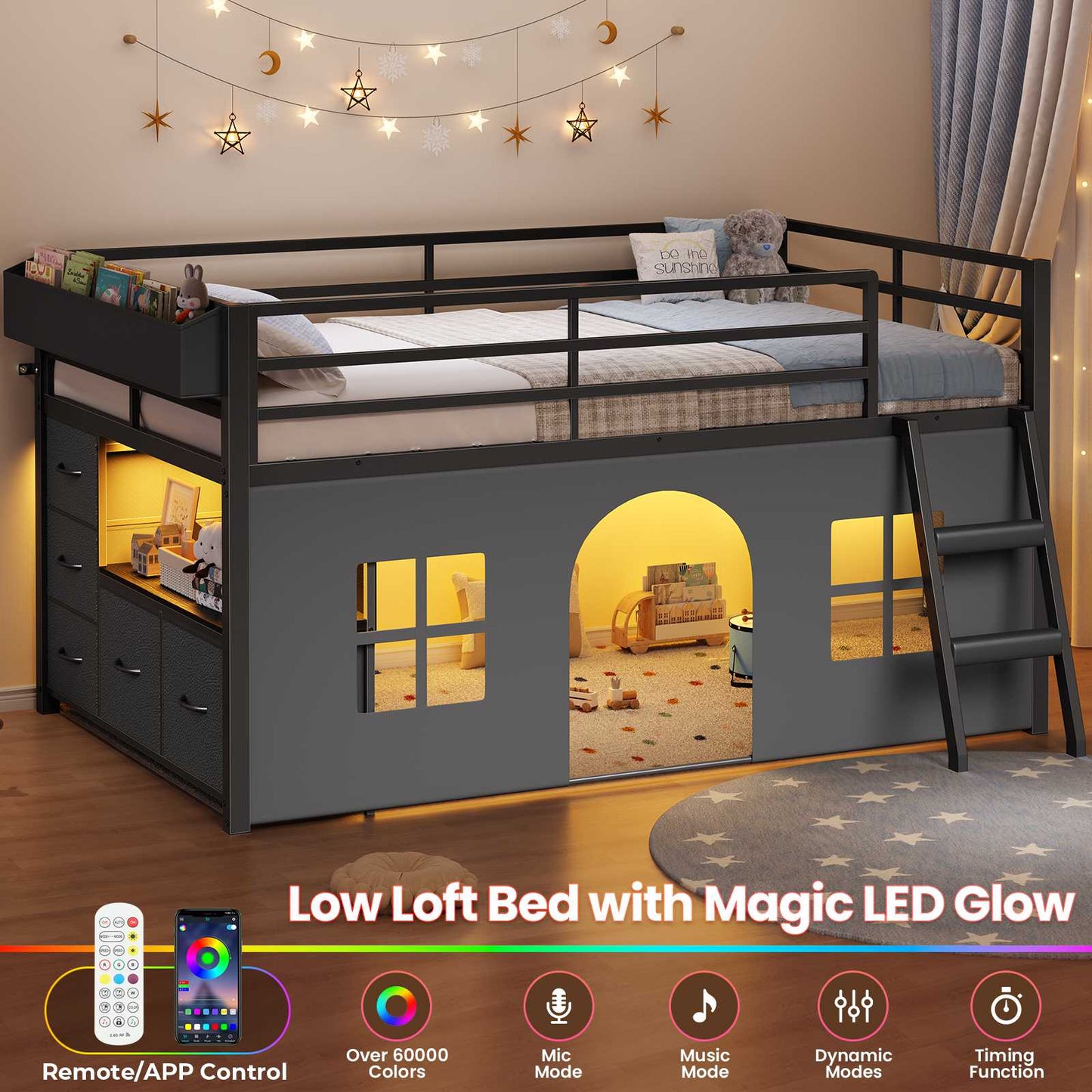 ADORNEVE Loft Bed Twin Size with Bookcase and Tent Metal Kids Loft Bed with 5 Storage Drawers LED Lights and Safety Guardrail