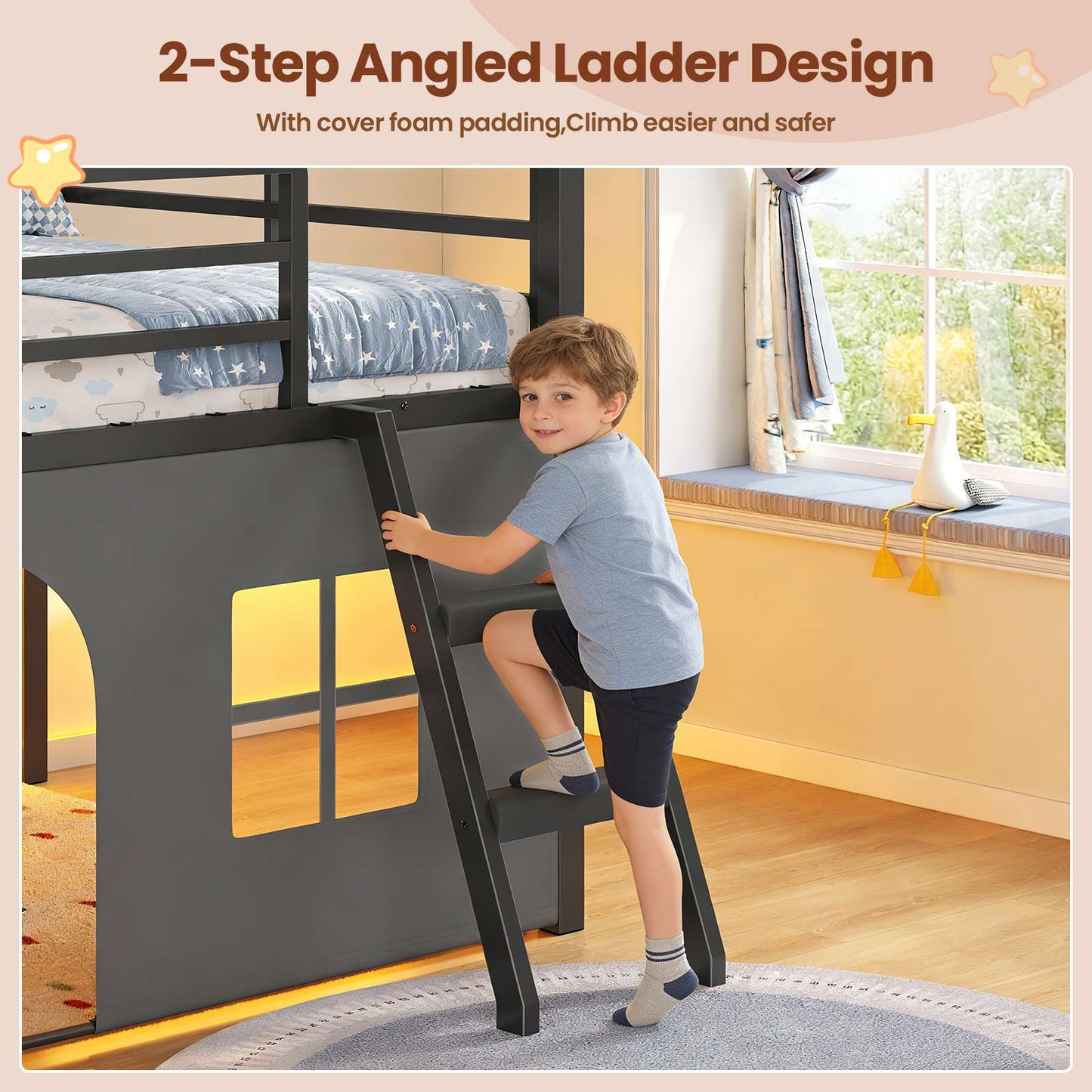 ADORNEVE Loft Bed Twin Size with Bookcase and Tent Metal Kids Loft Bed with 5 Storage Drawers LED Lights and Safety Guardrail