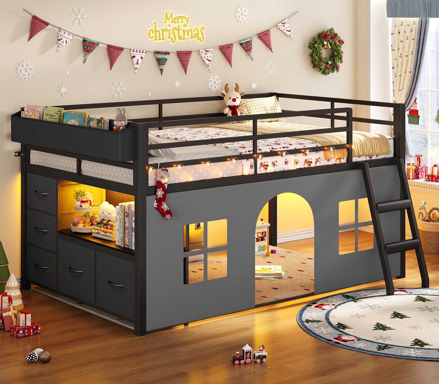 ADORNEVE Loft Bed Twin Size with Bookcase and Tent Metal Kids Loft Bed with 5 Storage Drawers LED Lights and Safety Guardrail