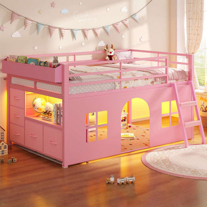 ADORNEVE Loft Bed Twin Size with Bookcase and Tent Metal Kids Loft Bed with 5 Storage Drawers LED Lights and Safety Guardrail
