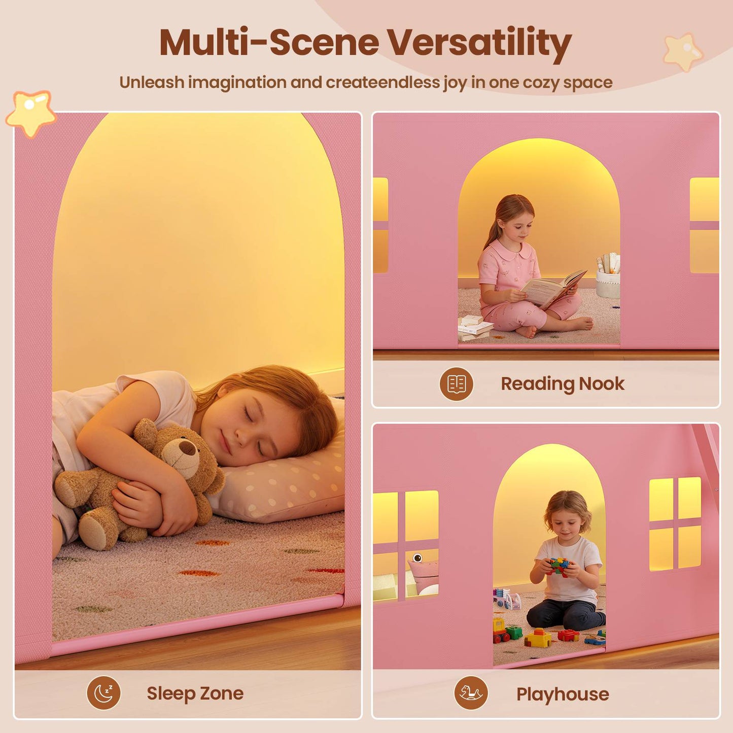 ADORNEVE Loft Bed Twin Size with Bookcase and Tent Metal Kids Loft Bed with 5 Storage Drawers LED Lights and Safety Guardrail