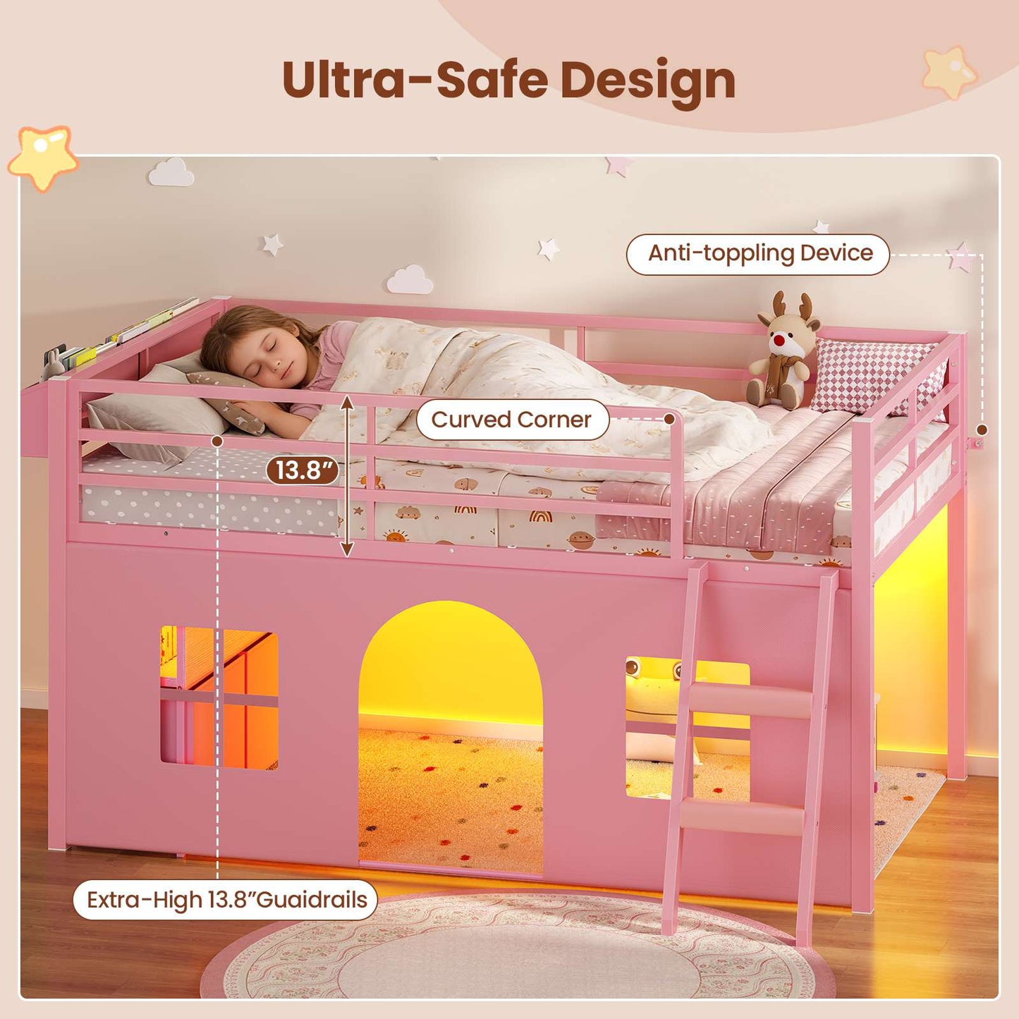 ADORNEVE Loft Bed Twin Size with Bookcase and Tent Metal Kids Loft Bed with 5 Storage Drawers LED Lights and Safety Guardrail