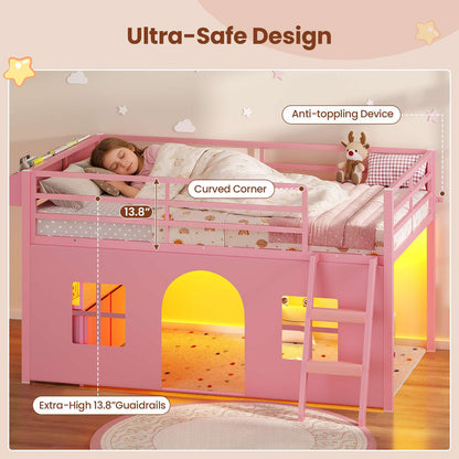 ADORNEVE Loft Bed Twin Size with Bookcase and Tent Metal Kids Loft Bed with 5 Storage Drawers LED Lights and Safety Guardrail