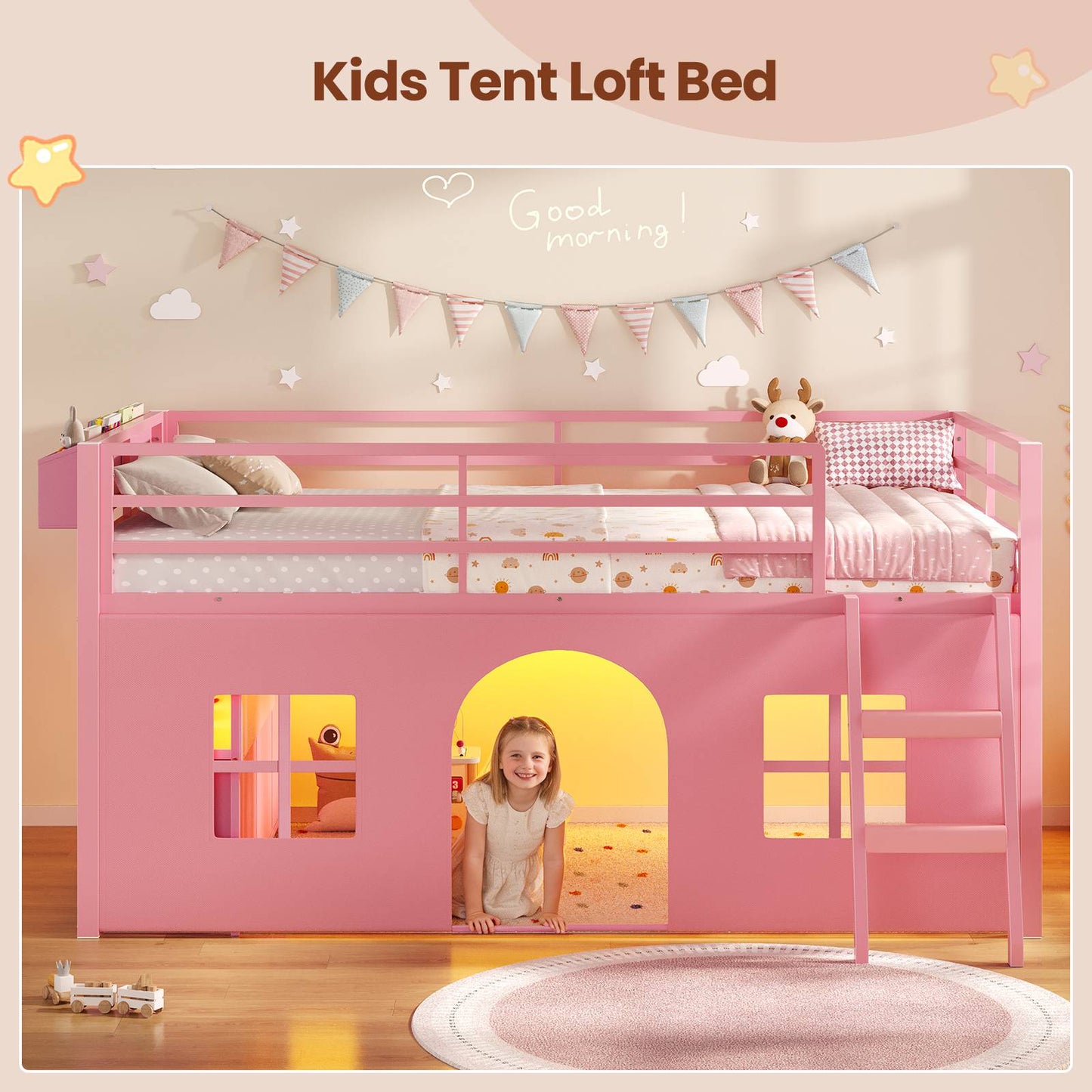 ADORNEVE Loft Bed Twin Size with Bookcase and Tent Metal Kids Loft Bed with 5 Storage Drawers LED Lights and Safety Guardrail