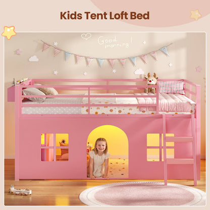ADORNEVE Loft Bed Twin Size with Bookcase and Tent Metal Kids Loft Bed with 5 Storage Drawers LED Lights and Safety Guardrail