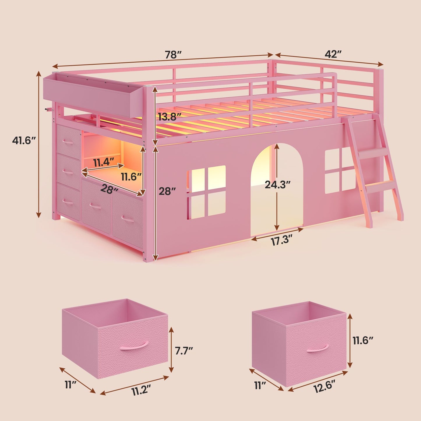 ADORNEVE Loft Bed Twin Size with Bookcase and Tent Metal Kids Loft Bed with 5 Storage Drawers LED Lights and Safety Guardrail