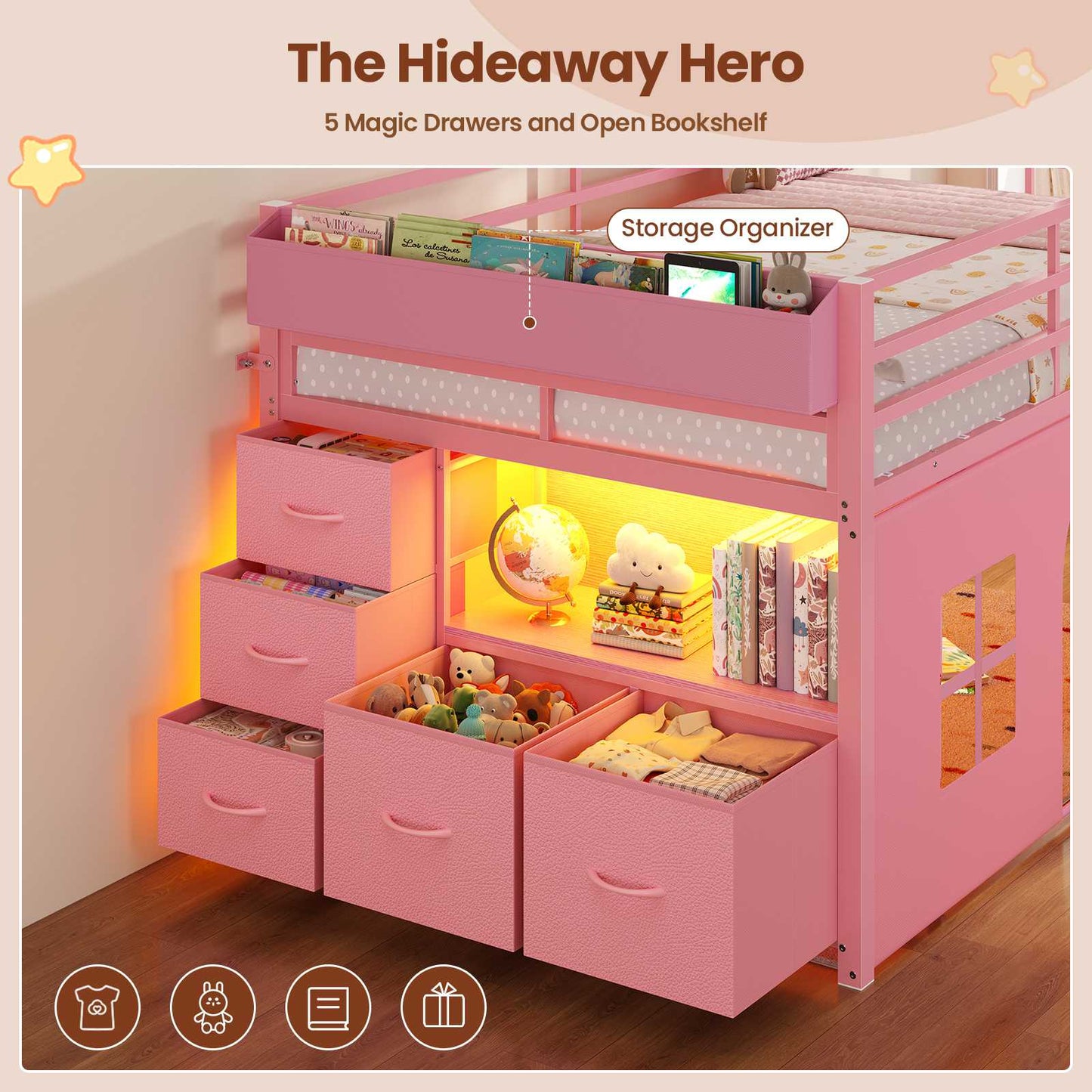 ADORNEVE Loft Bed Twin Size with Bookcase and Tent Metal Kids Loft Bed with 5 Storage Drawers LED Lights and Safety Guardrail