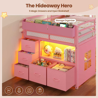 ADORNEVE Loft Bed Twin Size with Bookcase and Tent Metal Kids Loft Bed with 5 Storage Drawers LED Lights and Safety Guardrail