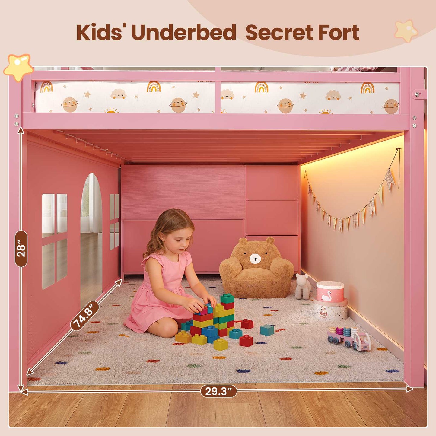 ADORNEVE Loft Bed Twin Size with Bookcase and Tent Metal Kids Loft Bed with 5 Storage Drawers LED Lights and Safety Guardrail