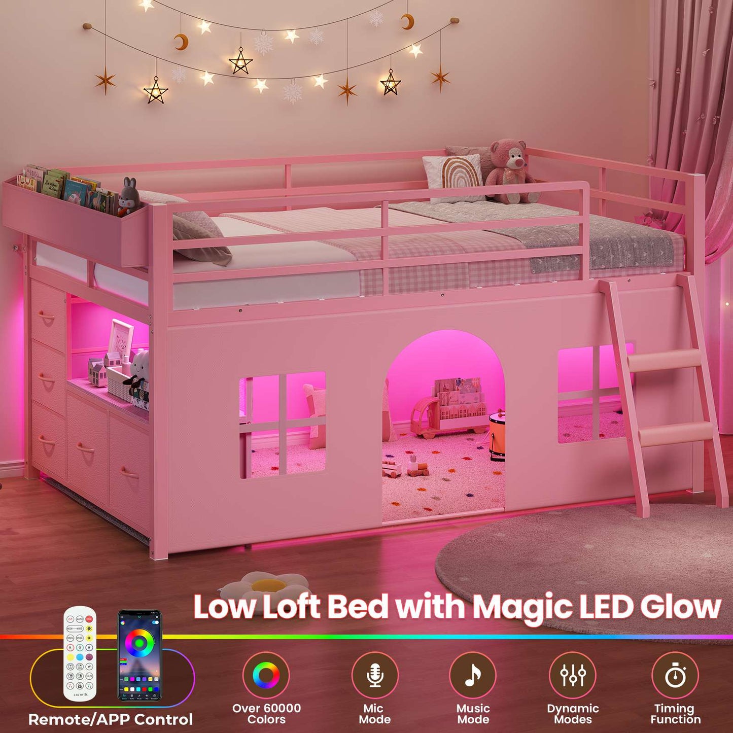 ADORNEVE Loft Bed Twin Size with Bookcase and Tent Metal Kids Loft Bed with 5 Storage Drawers LED Lights and Safety Guardrail