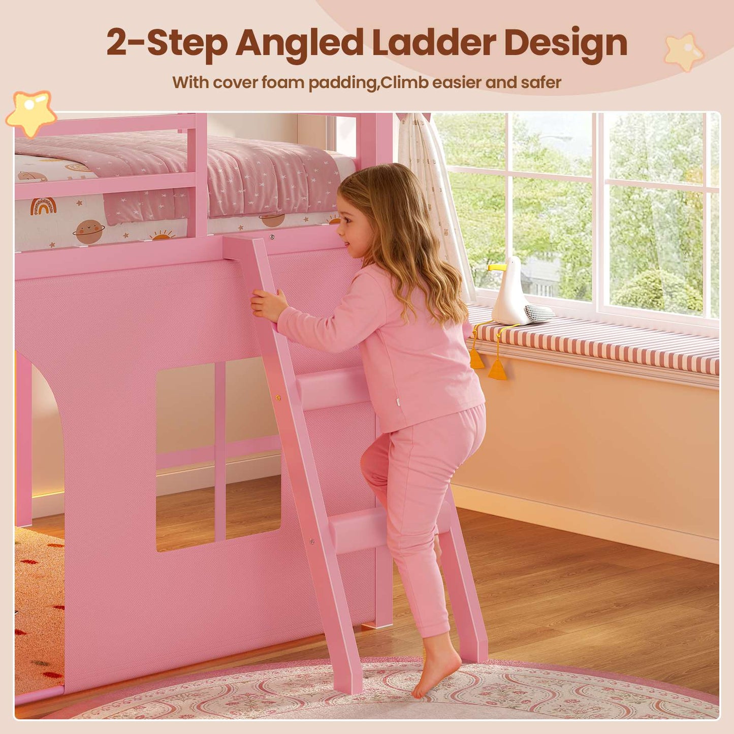 ADORNEVE Loft Bed Twin Size with Bookcase and Tent Metal Kids Loft Bed with 5 Storage Drawers LED Lights and Safety Guardrail