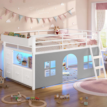 ADORNEVE Loft Bed Twin Size with Bookcase and Tent Metal Kids Loft Bed with 5 Storage Drawers LED Lights and Safety Guardrail