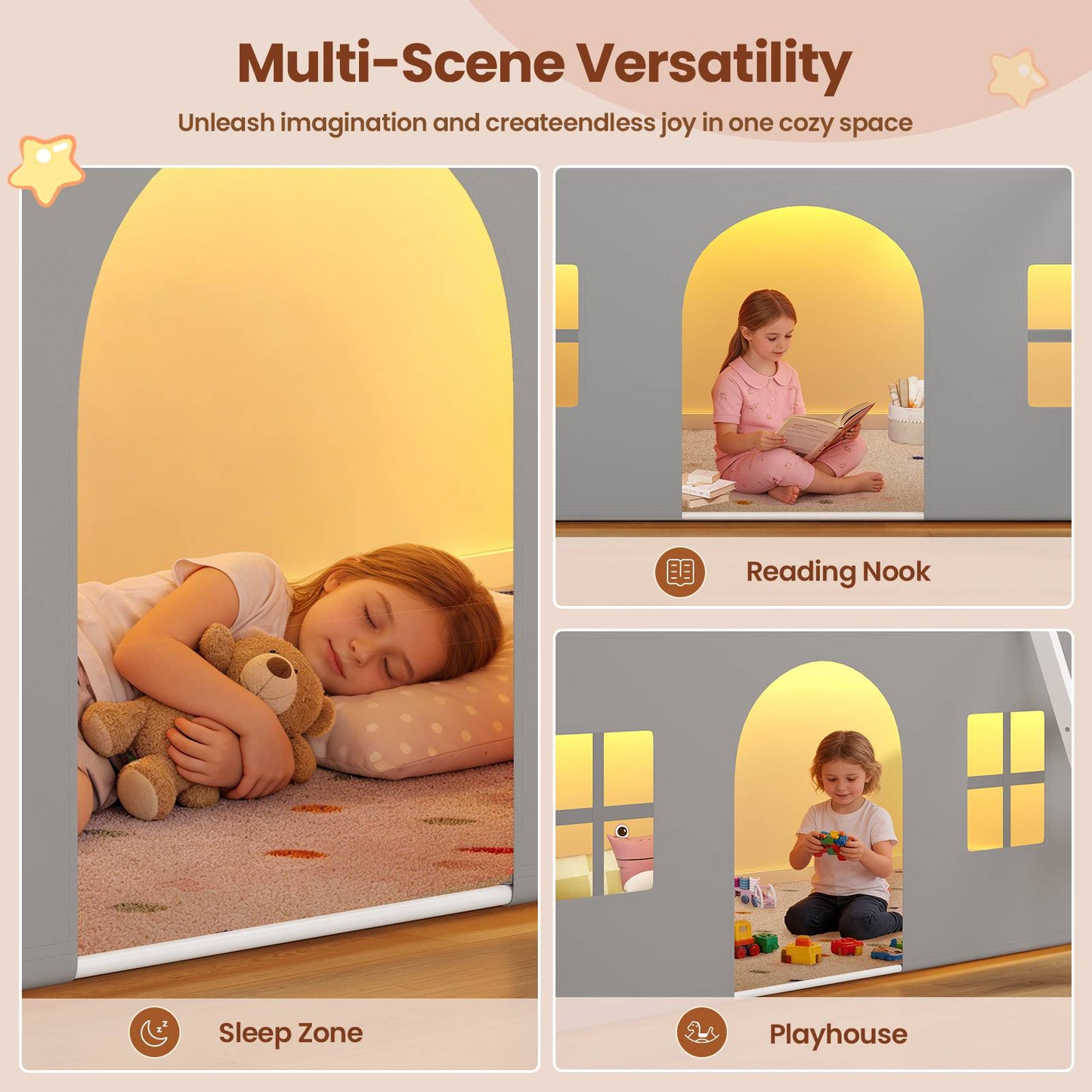 ADORNEVE Loft Bed Twin Size with Bookcase and Tent Metal Kids Loft Bed with 5 Storage Drawers LED Lights and Safety Guardrail