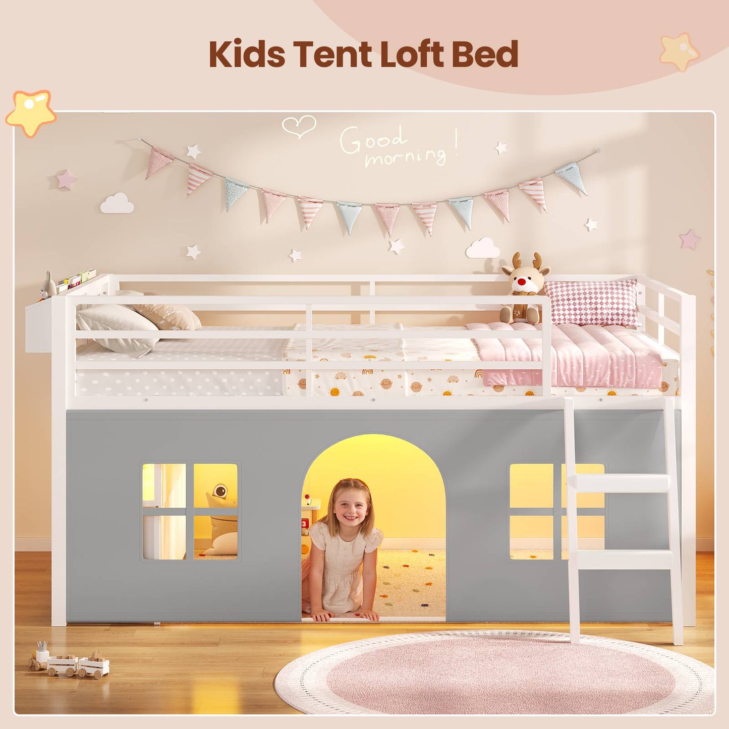 ADORNEVE Loft Bed Twin Size with Bookcase and Tent Metal Kids Loft Bed with 5 Storage Drawers LED Lights and Safety Guardrail