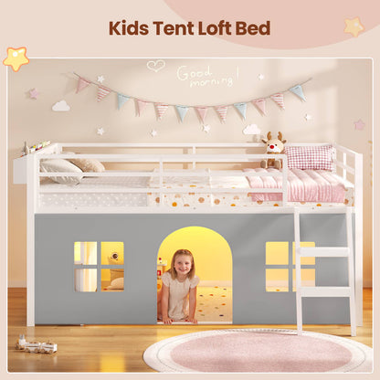 ADORNEVE Loft Bed Twin Size with Bookcase and Tent Metal Kids Loft Bed with 5 Storage Drawers LED Lights and Safety Guardrail