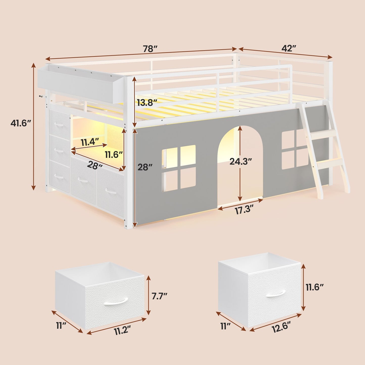 ADORNEVE Loft Bed Twin Size with Bookcase and Tent Metal Kids Loft Bed with 5 Storage Drawers LED Lights and Safety Guardrail