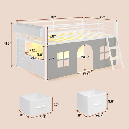 ADORNEVE Loft Bed Twin Size with Bookcase and Tent Metal Kids Loft Bed with 5 Storage Drawers LED Lights and Safety Guardrail