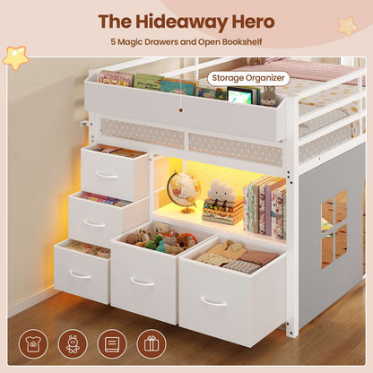 ADORNEVE Loft Bed Twin Size with Bookcase and Tent Metal Kids Loft Bed with 5 Storage Drawers LED Lights and Safety Guardrail