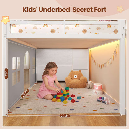 ADORNEVE Loft Bed Twin Size with Bookcase and Tent Metal Kids Loft Bed with 5 Storage Drawers LED Lights and Safety Guardrail