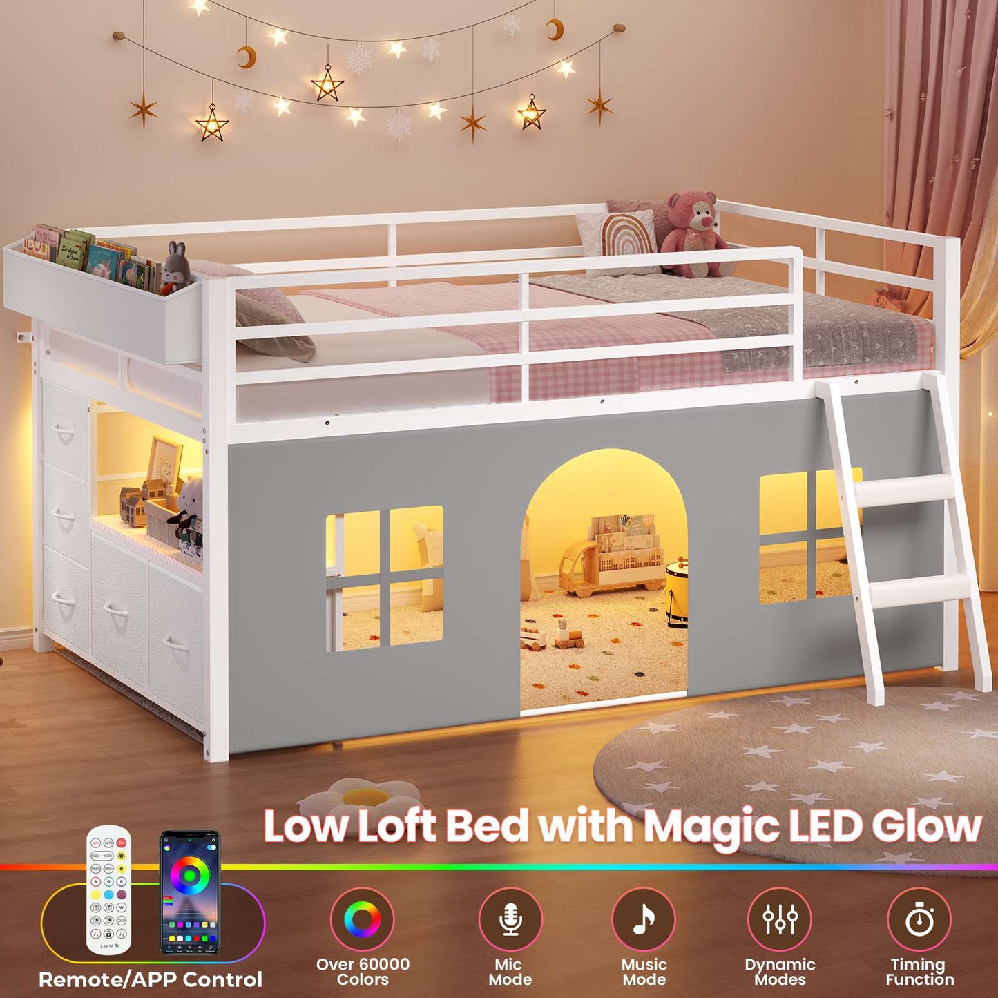 ADORNEVE Loft Bed Twin Size with Bookcase and Tent Metal Kids Loft Bed with 5 Storage Drawers LED Lights and Safety Guardrail