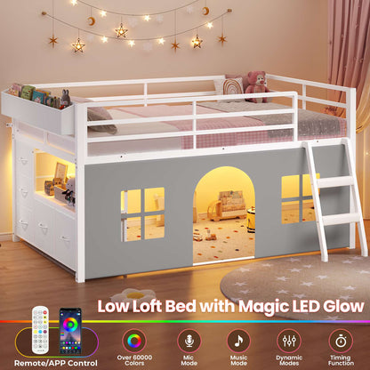 ADORNEVE Loft Bed Twin Size with Bookcase and Tent Metal Kids Loft Bed with 5 Storage Drawers LED Lights and Safety Guardrail